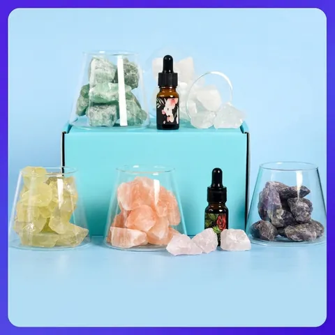 Natural Crystal Stone Aromatherapy Diffuser Set with LED Wood Base Glass Cup Essential Oil Night Light for Home Decor Relaxation Gift