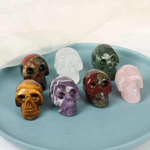 Natural Gemstone Crystal Skull Figurine Hand Carved Healing Stone Skeleton Statue For Home Office Desk Decor Ornament Amethyst Rose Quartz