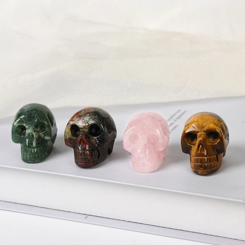 Natural Gemstone Crystal Skull Figurine Hand Carved Healing Stone Skeleton Statue For Home Office Desk Decor Ornament Amethyst Rose Quartz