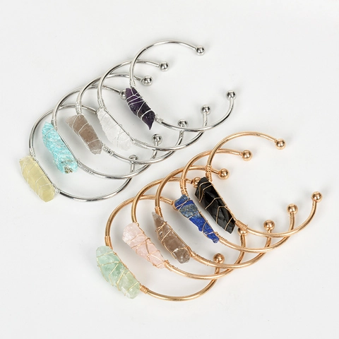 Natural Raw Crystal Stone Wire Wrapped Open Cuff Bangle Bracelet Handmade Adjustable Irregular Gemstone Boho Jewelry For Women