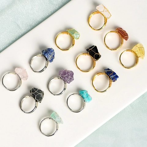Bohemian Handmade Wire Wrapped Natural Stone Ring Irregular Amethyst Rose Quartz Adjustable Crystal Rings Jewelry For Women