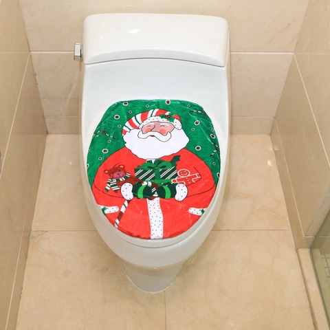 Christmas Toilet Lid Cover Soft Polyester Plush Santa Claus Pattern Printed Bathroom Decorative Washable Seat Cover Decor