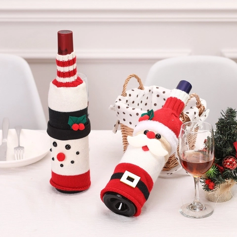 Christmas Wine Bottle Cover Knitted Acrylic Santa Claus Snowman Design Holiday Dinner Party Table Decor Bag