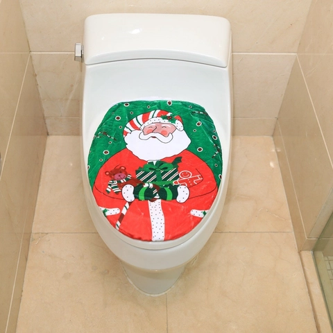 Christmas Toilet Lid Cover Soft Polyester Plush Santa Claus Pattern Printed Bathroom Decorative Washable Seat Cover Decor