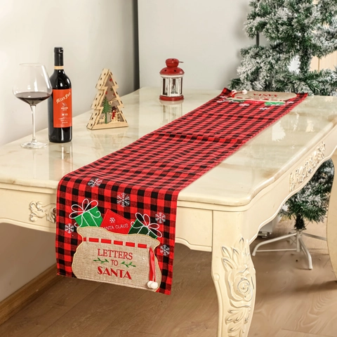 Christmas Table Runner Linen Buffalo Plaid Letters To Santa Applique Pockets Farmhouse Dining Decor