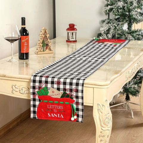 Christmas Table Runner Linen Buffalo Plaid Letters To Santa Applique Pockets Farmhouse Dining Decor