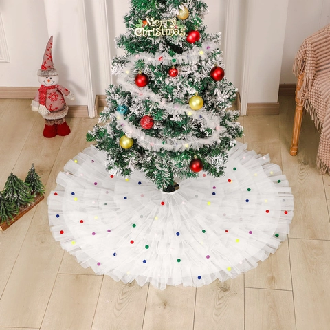 Weihnachtsbaumdecke Weißer Plissierter Maschentüll Mit Bunten Pompons Mehrlagige Feiertags Haus Party Dekoration