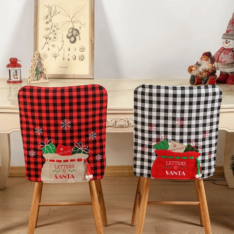 Buffalo Plaid Christmas Chair Covers With Santa Letter Pocket Snowflake Embroidery Rustic Holiday Dining Room Chair Decor