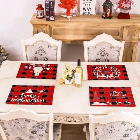 Christmas Placemat Linen Buffalo Plaid Red Black Checkered Reindeer Snowman Pattern Holiday Dinner Table Decoration