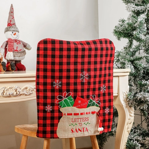 Buffalo Plaid Christmas Chair Covers With Santa Letter Pocket Snowflake Embroidery Rustic Holiday Dining Room Chair Decor