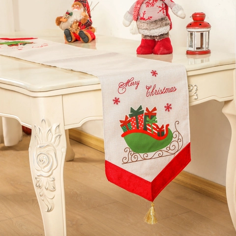 Runner da Tavolo Natalizio in Lino Stampa Merry Christmas Motivo Slitta Albero Regalo Tovaglia Lunga Con Nappine Oro Decorazione Festa