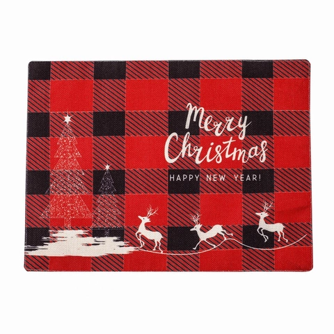 Christmas Placemat Linen Buffalo Plaid Red Black Checkered Reindeer Snowman Pattern Holiday Dinner Table Decoration