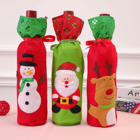 Housses Décoration Vin Noël Sacs Broderie Paillettes Feutre Père Noël Bonhomme Neige Renne Décorations Table Fête