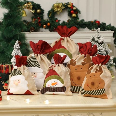 Christmas Drawstring Gift Bags Imitation Linen Burlap Santa Snowman Reindeer Applique Bags For Xmas Party Decorations