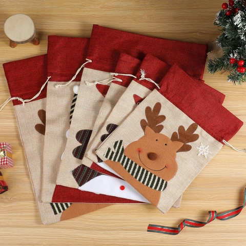 Christmas Burlap Drawstring Gift Bags Santa Snowman Reindeer Applique Candy Storage Bags For Holiday Party Kids Gift Pouches