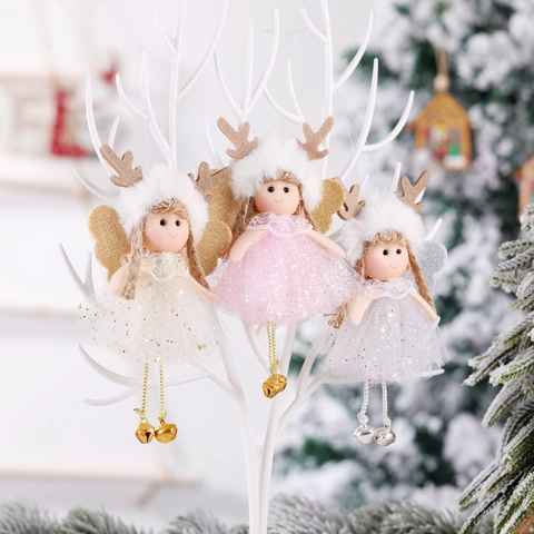 Sequin Mesh Christmas Angel Ornament Collection With Reindeer Antlers And Bells Hanging Angel Doll Decoration For Tree Decor