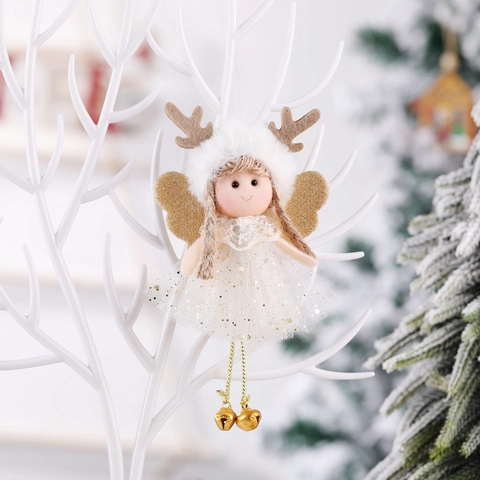 Sequin Mesh Christmas Angel Ornament Collection With Reindeer Antlers And Bells Hanging Angel Doll Decoration For Tree Decor
