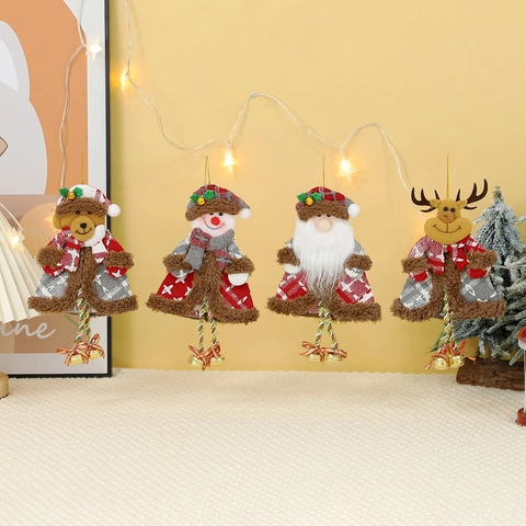 Decorazioni Natalizie Pendenti in Peluche Scozzese Con Campanelli Babbo Natale Pupazzo di Neve Renna Orso Addobbi Feste