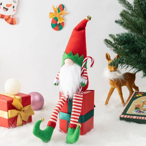 Décoration Gnome De Noël Poupée Elfe En Peluche À Jambes Longues Tenant Un Sucre D'orge Clochette Pour Table De Fête
