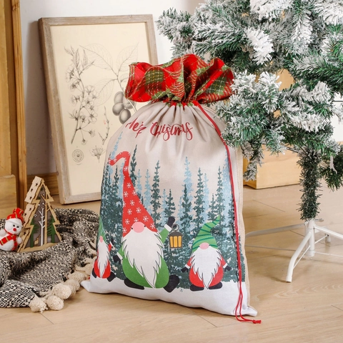 Weihnachtsgeschenktüte Aus Leinenimitat Großer Kordelzugbeutel Mit Zwergenmuster Und Rot Grünem Karobesatz Urlaub