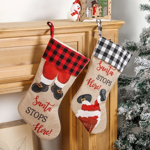 Calcetín de Navidad Decoración Cuadros Papá Noel Chimenea Bolsa Regalo Colgar Buffalo Plaid Lino Saco Caramelos Para Xmas Home Party