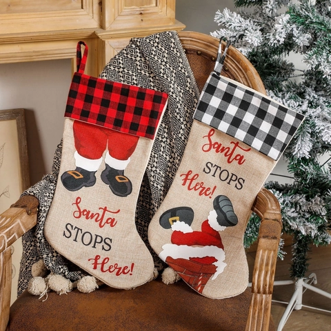 Calcetín de Navidad Decoración Cuadros Papá Noel Chimenea Bolsa Regalo Colgar Buffalo Plaid Lino Saco Caramelos Para Xmas Home Party