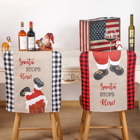 Christmas Santa Claus Chimney Chair Back Covers Red Black Buffalo Plaid Linen Look Holiday Dining Party Decoration Cover
