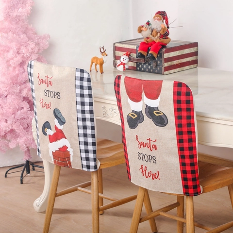 Christmas Santa Claus Chimney Chair Back Covers Buffalo Plaid Faux Linen Festive Dining Room Decorations Xmas Party Home Decor