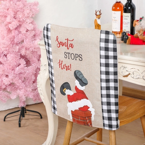 Christmas Santa Claus Chimney Chair Back Covers Red Black Buffalo Plaid Linen Look Holiday Dining Party Decoration Cover