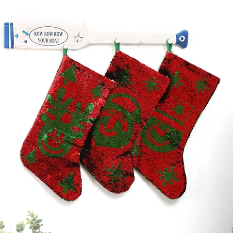 Calza di Natale in Paillettes Rosso Verde Renna Babbo Natale Pupazzo di Neve Modello Ornamento Festivo Decorazioni