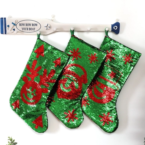 Calcetines de Navidad de Lentejuelas Reversibles Rojas Verdes Papá Noel Muñeco de Nieve Reno Decoración Festiva Colgante
