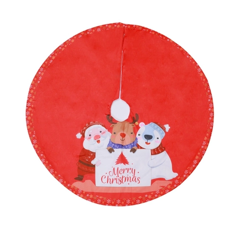 Red Christmas Tree Skirt Polyester Short Plush Santa Reindeer Polar Bear Print Round Holiday Party Floor Mat Home Decor