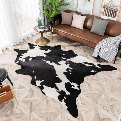Alfombra Piel Vaca Sintética Forma Irregular Negro Blanco Estampado Vaca Alfombra Felpa Sintética Decoración Salón