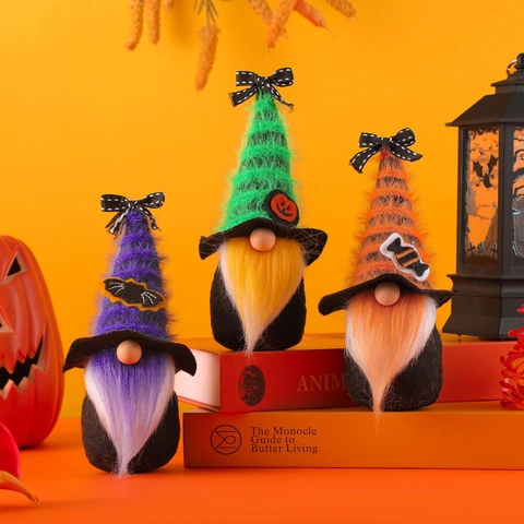 Halloween Gnome Plüsch Gesichtlose Puppen Gestreifter Hut Kürbis Fledermaus Süßigkeiten Deko Home Tabletop Ornamente Geschenke