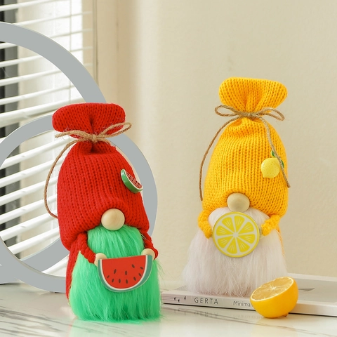 Summer Fruit Gnome Plush Decoration Knitted Watermelon Lemon Swedish Tomte Figurine For Home Kitchen Desktop Decor Ornament