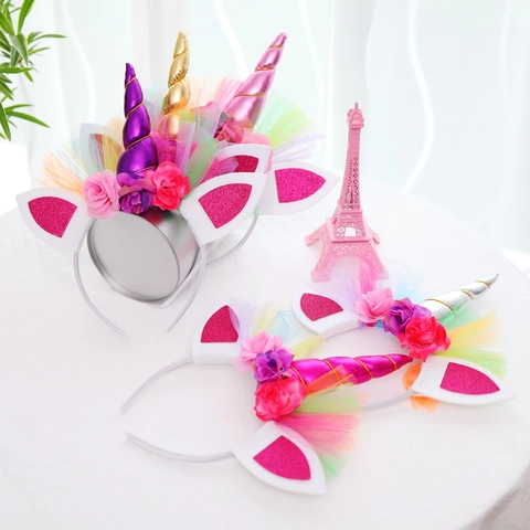 Kids Unicorn Headband Princess Birthday Party Decoration Shiny Horn Faux Flower Rainbow Mesh Hair Accessory For Girls