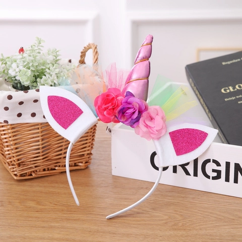 Kids Unicorn Headband Princess Birthday Party Decoration Shiny Horn Faux Flower Rainbow Mesh Hair Accessory For Girls