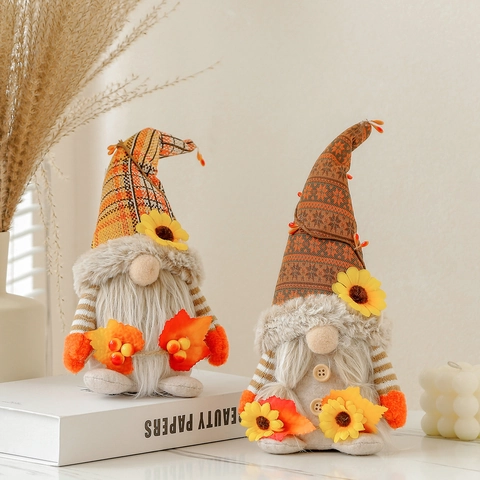 Autumn Harvest Festival Gnome Plush Decoration Sunflower Maple Leaf Faceless Gnome Doll For Thanksgiving Table Window Ornament