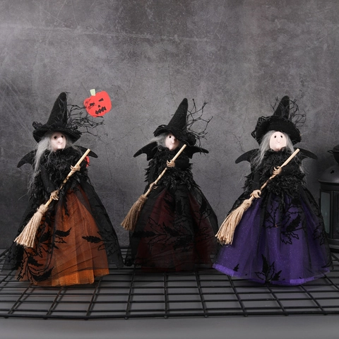 Décoration de Sorcière d'Halloween Ornement Sommet d'Arbre Poupée pour Fête Bureau Figurine de Sorcière avec Balai