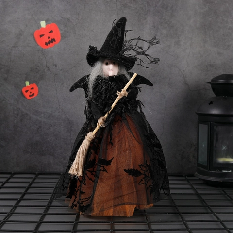 Décoration de Sorcière d'Halloween Ornement Sommet d'Arbre Poupée pour Fête Bureau Figurine de Sorcière avec Balai