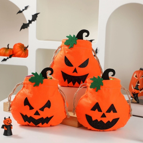Halloween Pumpkin Candy Bags Non-woven Fabric Drawstring Gift Bags Jack-O-Lantern Face Treat Bags For Kids Party Favors Supplies