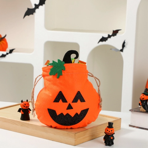 Halloween Pumpkin Candy Bags Non-woven Fabric Drawstring Gift Bags Jack-O-Lantern Face Treat Bags For Kids Party Favors Supplies
