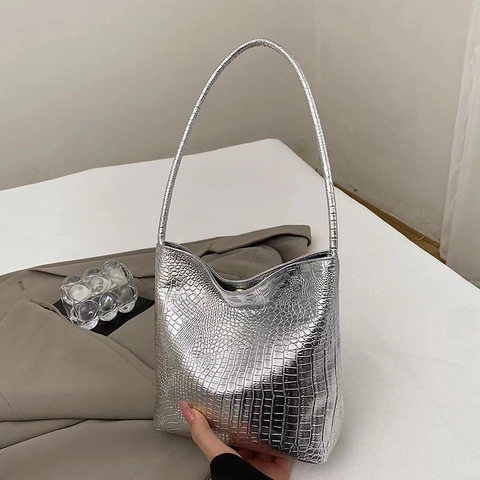 Damen Umhängetasche Krokodilmuster Kunstleder Große Kapazität Metallischer Eimer Handtasche Magnetverschluss Trendy Pendler