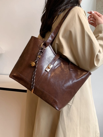 Bolso Tote de Gran Capacidad para Mujer en Cuero Sintético Con Cierre Metálico y Colgante de Borla Retro Oficina Diario