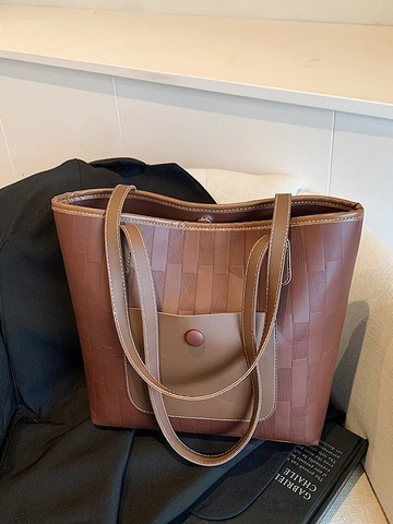 Borsa Tote In Pelle PU Con Trama Intrecciata Grande Capacità Borsa A Mano Con Tasca Frontale E Cuciture Da Donna
