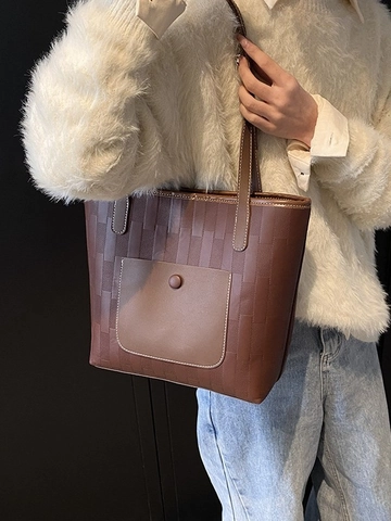 Borsa Tote In Pelle PU Con Trama Intrecciata Grande Capacità Borsa A Mano Con Tasca Frontale E Cuciture Da Donna