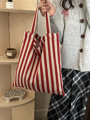 Minimalist Canvas Vertical Stripe Tote Bag Large Capacity Casual Shoulder Bag For Women Everyday Shopping Bag