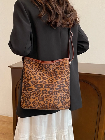Borsa a Secchiello Leopardata da Donna di Grande Capacità Borsa a Tracolla Vintage in Finta Pelle Scamosciata per Uso Quotidiano
