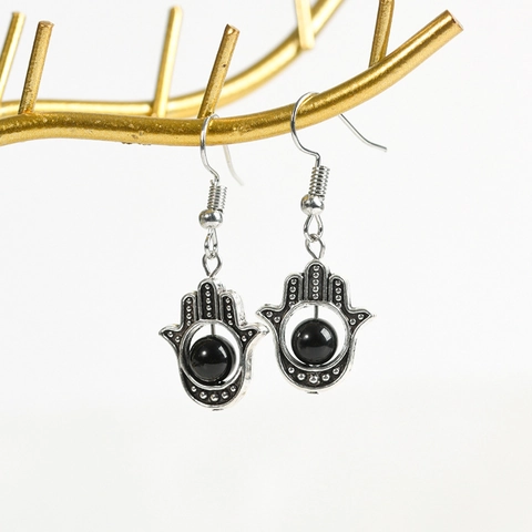 Vintage Hamsa Hand Drop Earrings For Women Bohemian Antique Silver Fatima Hand Natural Stone Crystal Beaded Jewelry Accessory