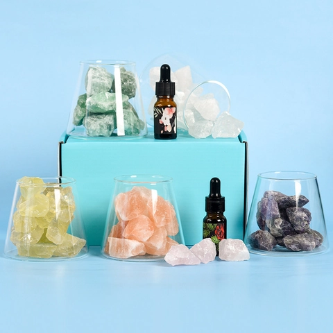 Natural Crystal Stone Aromatherapy Diffuser With Essential Oil Glass Container Wooden Luminous Base Home Desktop Decor